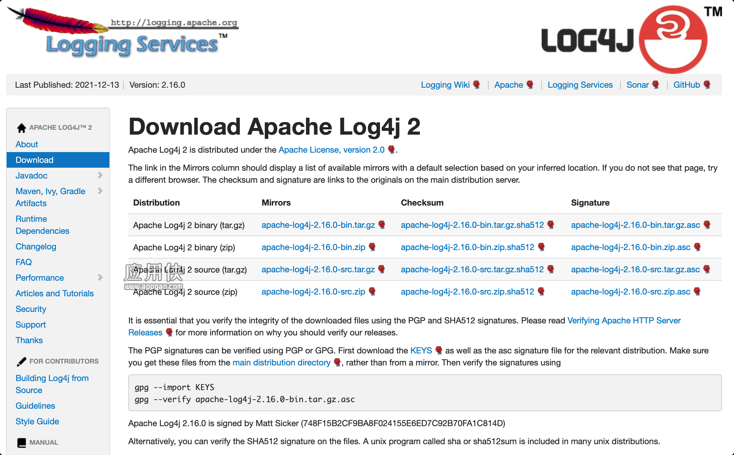 Apache Log4j 2.16.0 源码和二进制文件下载